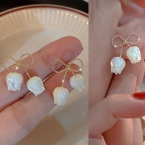 New Spring Tulip Gold and White Bow Earrings